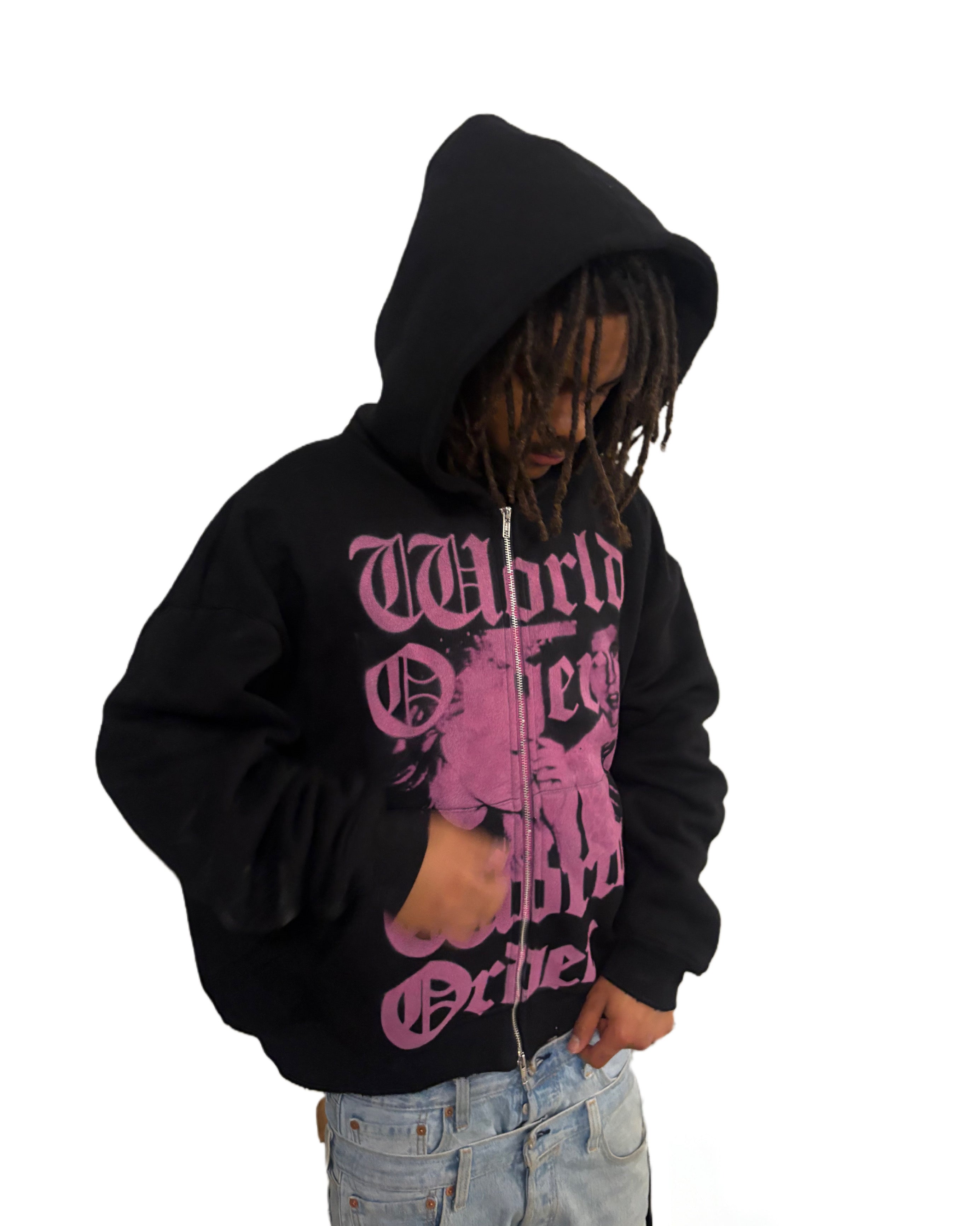 "WORLD ORDER" Black Zip Up